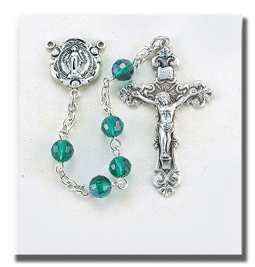 Emerald Tin Cut Crystal Rosary - Engravable