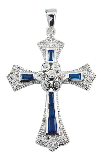 Sterling Silver Cubic Zircon and Sapphire Cross with 18-inch Rhodium Plated Chain
