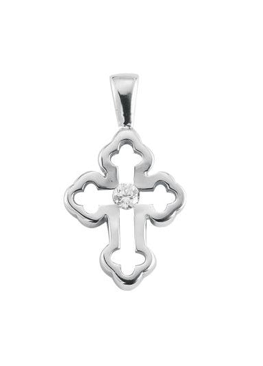Sterling Silver Single Set Crystal Zircon Cross with 18-inch Rhodium Plated Chain