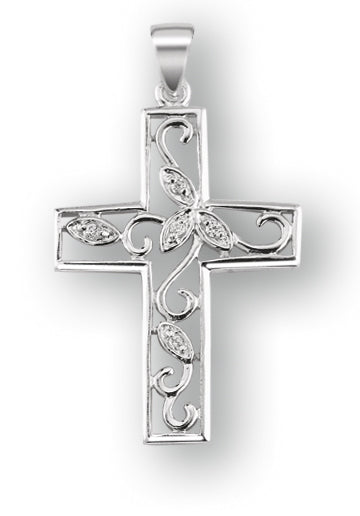 Sterling Silver Cubic Zircon Vine Cross with 18-inch Rhodium Plated Chain