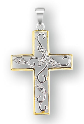 Sterling Silver Cubic Zircon Tutone Vine Cross with 18-inch Rhodium Plated Chain