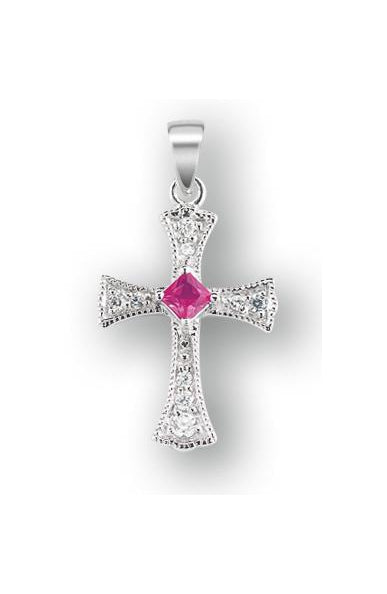 Sterling Silver Cubic Zircon and Fucshia Cross with 18-inch Rhodium Plated Chain