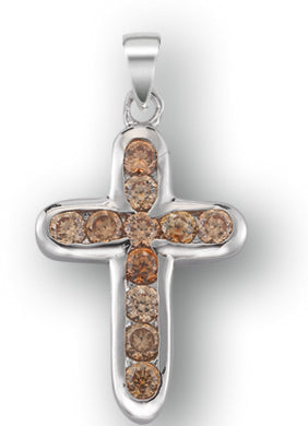 Sterling Silver Champagne Crystal Zircon Cross with 18-inch Rhodium Plated Chain