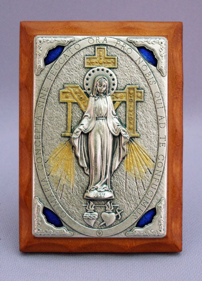 Miraculous Medal Plaque Metal On Wood 3X4-inch