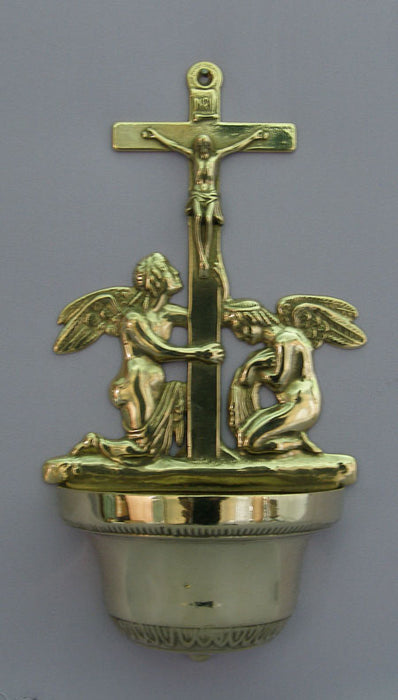 Crucifixion With Angels Font Shiny Brass 12.25-inch