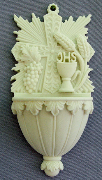 Communion Font With Grains Of Wheat And Chalice White Alabaster 6-inch