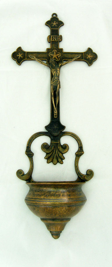 Crucifixion Font Antique Brass 14-inch