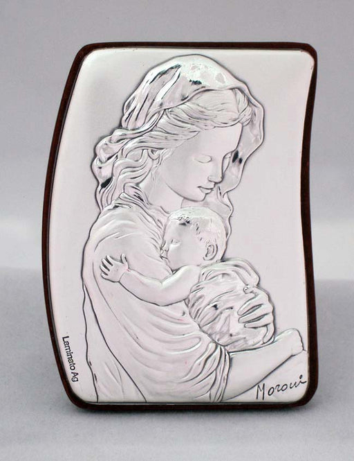 Madonna And Child Plaque Sterling Silver On Wood 2X2.75-inch