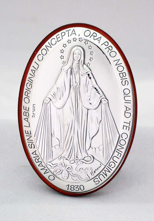 Miraculous Medal Plaque Sterling Silver On Wood 2X3-inch