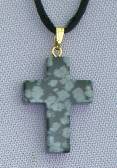 Snow Flake Obsidian Natural Stone Cross Necklace 26-inch