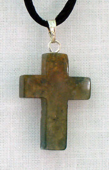 Moss Agate Natural Stone Cross Necklace 26-inch