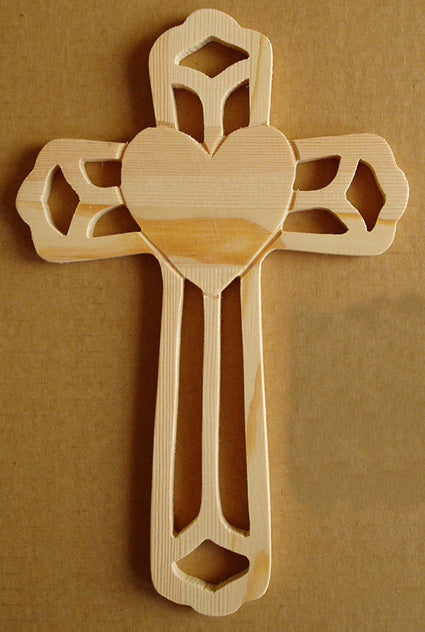 Ornate Wood Cross With Heart Shape 8.75-inch Tall