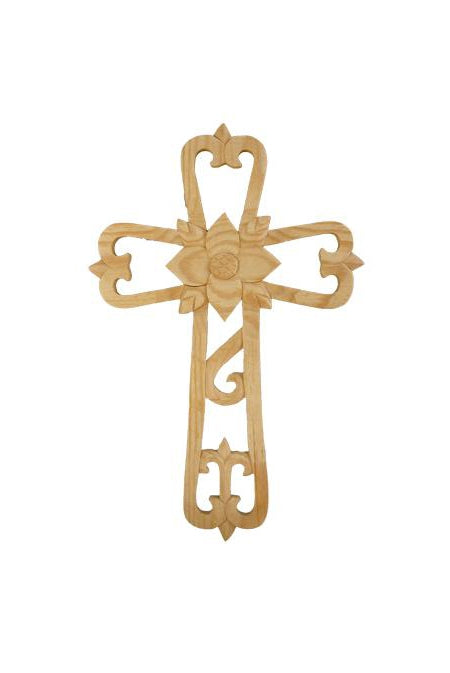 Ornate Wood Cross With Center Flower 11.75-inch Tall
