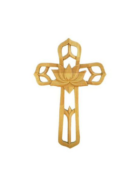 Ornate Wood Cross With Center Flower 8.75-inch Tall