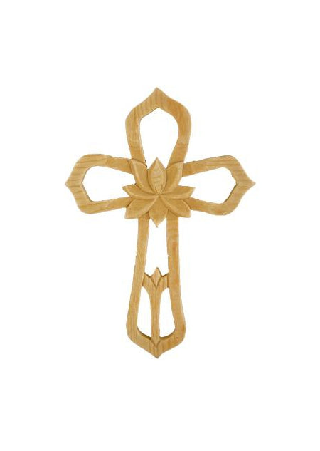 Ornate Wood Cross With Center Flower 7.75-inch Tall