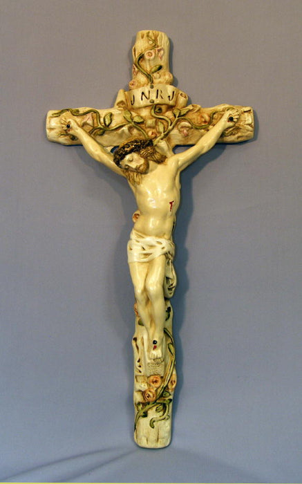Ceramic Crucifix With Flowers 24-inch
