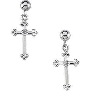 White Gold Cross And Ball Dangle Earring With Back