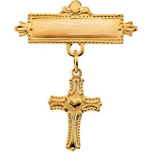 14K Gold Cross with Heart Baptismal Pin