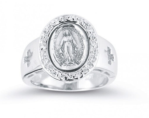 Sterling Silver Miraculous Medal Crystal Cubic Zircon Ring Size 8