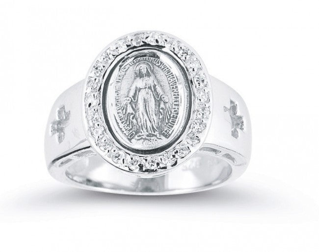 Sterling Silver Miraculous Medal Crystal Cubic Zircon Ring Size 8