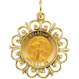 14K Yellow Gold Round Guardian Angel, Angel Jewelry Pendant