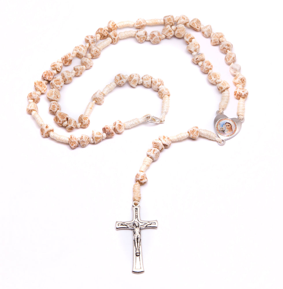 Medjugorje Stone Heart Rosary- White Cord and Unpolished Stones